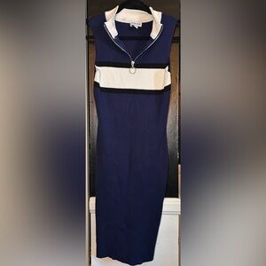 Fashion Nova Navy and White Zip-Up Midi Dress Curve Plus
